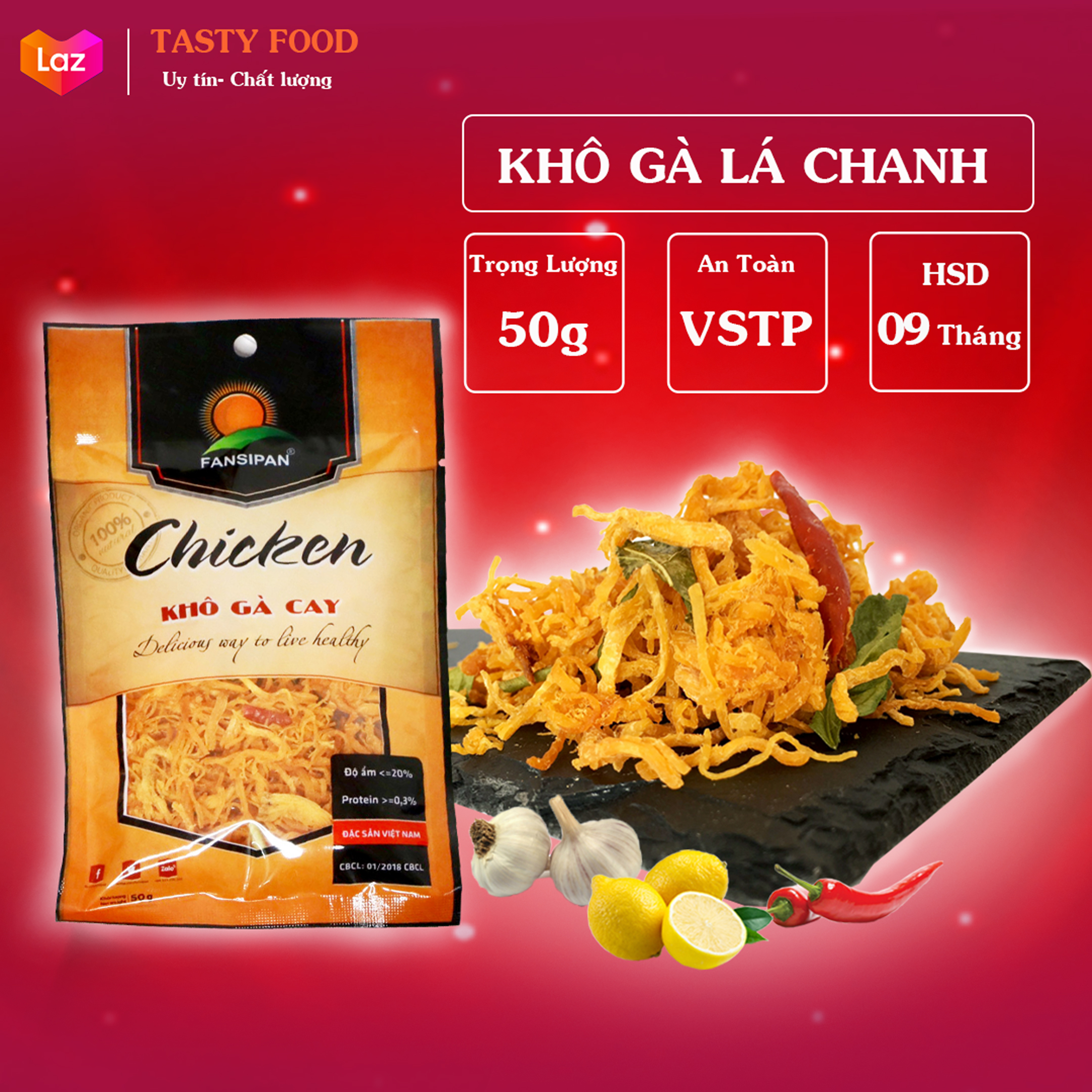 [TIẾP LỬA MÙA DỊCH]- Khô gà lá chanh thượng hàng gói 50g, khô gà cay xé sợi loại 1 thơm ngon đậm vị hàng Việt Nam 100% nguyên liệu tự nhiên không sử dụng bảo quản, hạn sử dụng 9 tháng đồ ăn vặt Tasty Food