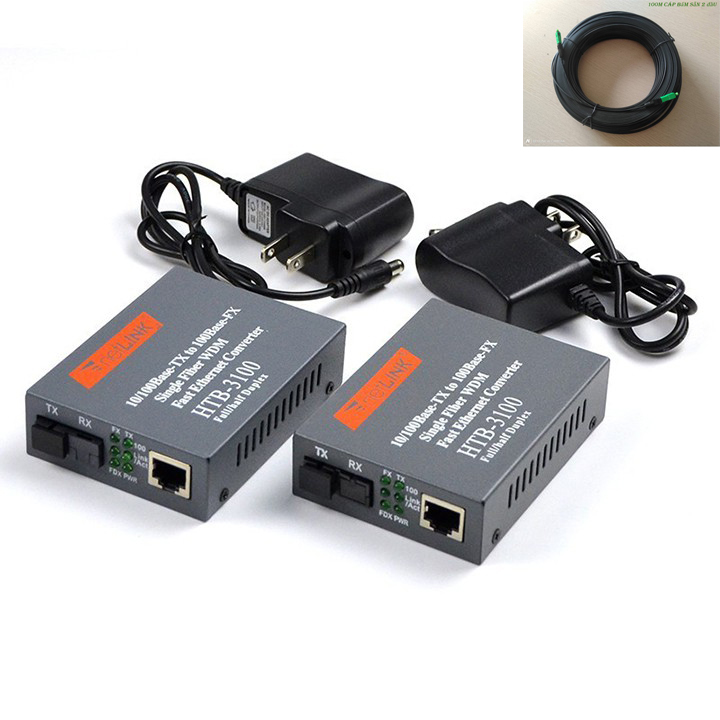 1 cặp converter quang netlink htb-3100ab + 100 mét cáp quang bấm sẵn 2 đầu fast connector sc