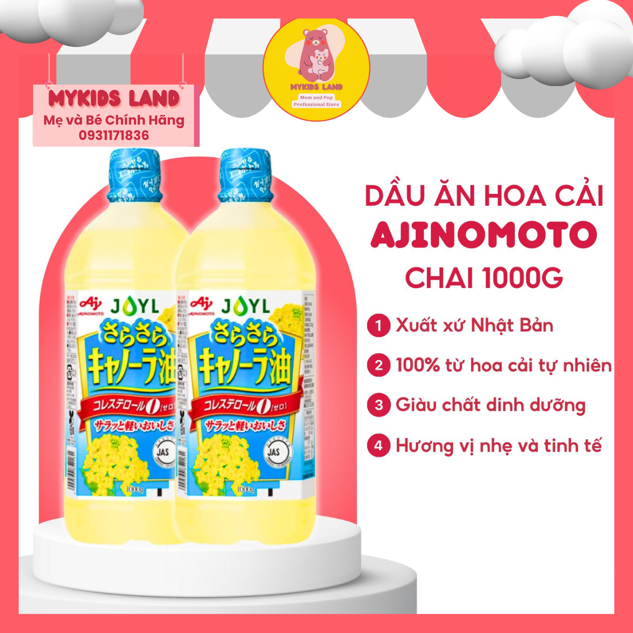 Dầu Ăn Hoa Cải Ajinomoto Nhật Bản Nguyên Chất Chai 1000g - Dầu Ăn Dặm Cho Bé