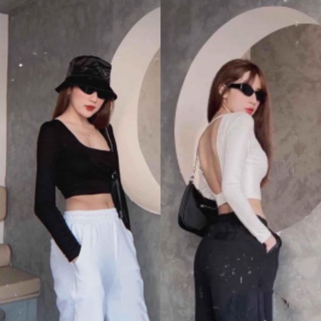 Áo croptop thun gân tay dài hở lưng