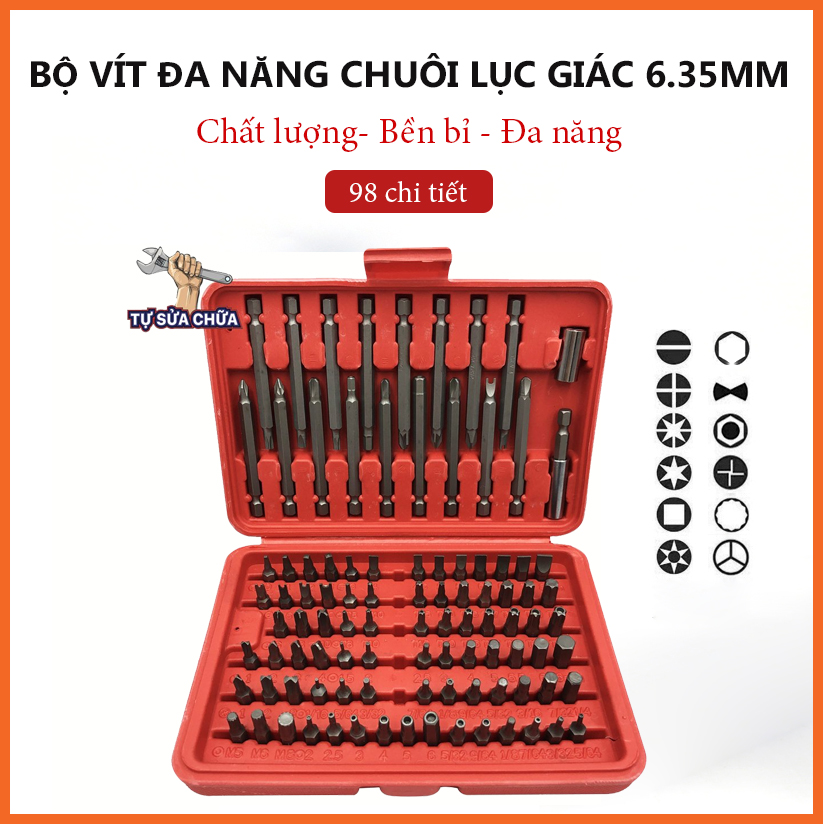 Bộ mũi tô vít đa năng chuôi lục giác 6.35mm 98 chi tiết cho máy khoan siêu cứng