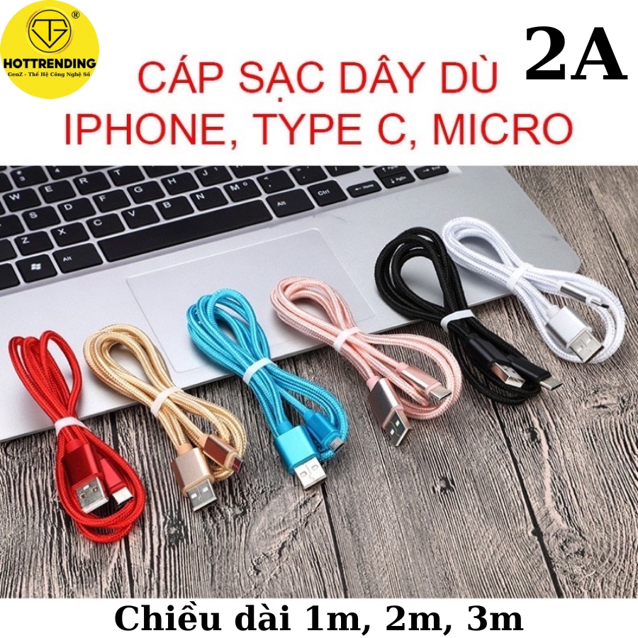Cáp sạc nhanh 2a micro usb, type , iph0ne dài 1m, 2m, 3m dây nylon bọc dù nhiều màu