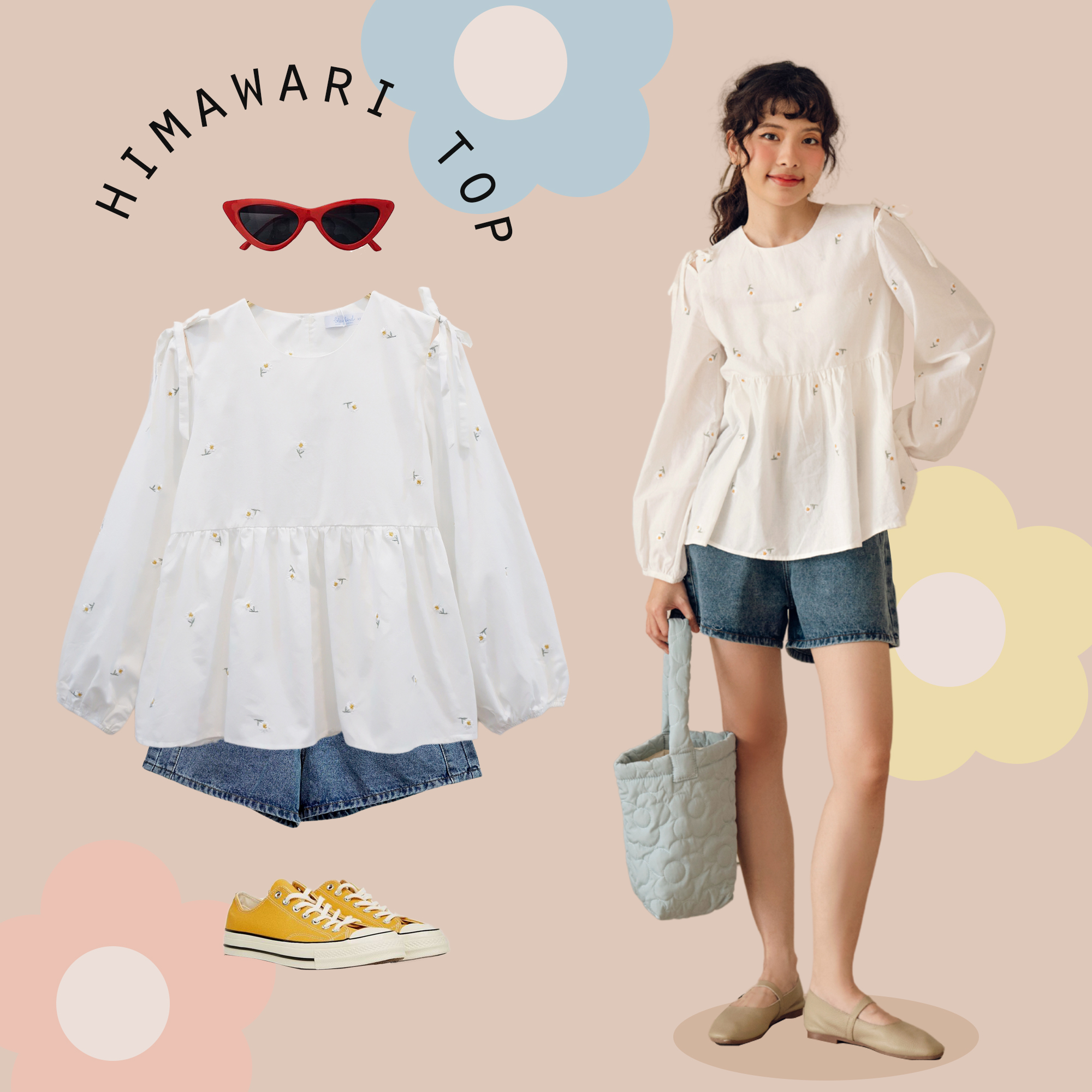 BLEUBIRD Áo dáng babydoll vải thô thêu hoa Himawari Top