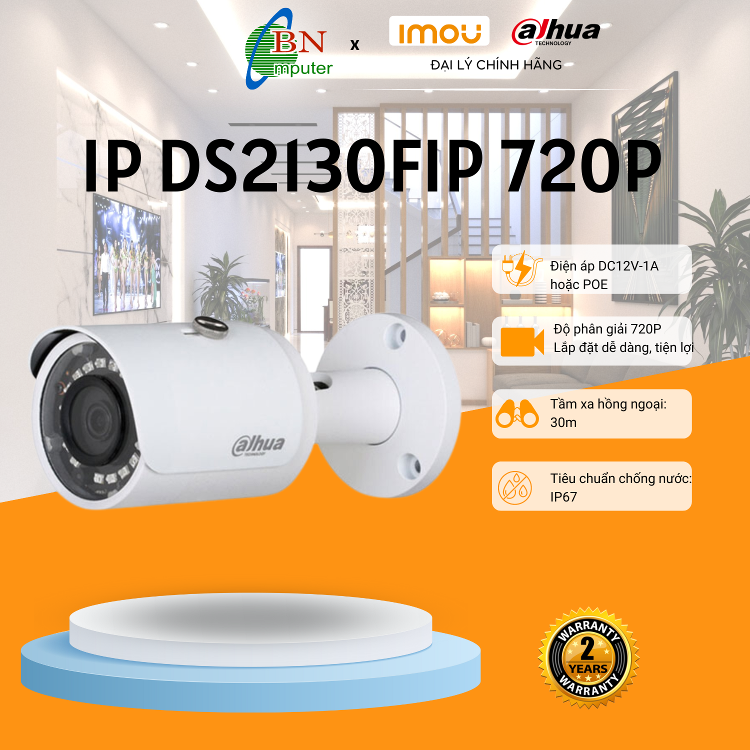 Camera ip dahua 2130fip 720p thân sắt, chạy dc12v hoặc poe, bảo hành 24 tháng
