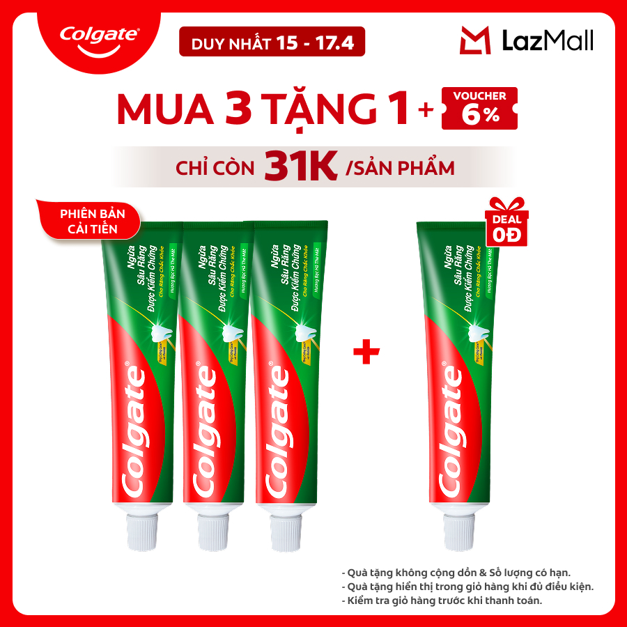 [Chỉ 15-17.4_Mua 3 tặng 1] Bộ 3 Kem đánh răng Colgate ngừa sâu răng răng chắc khỏe 225g/tuýp