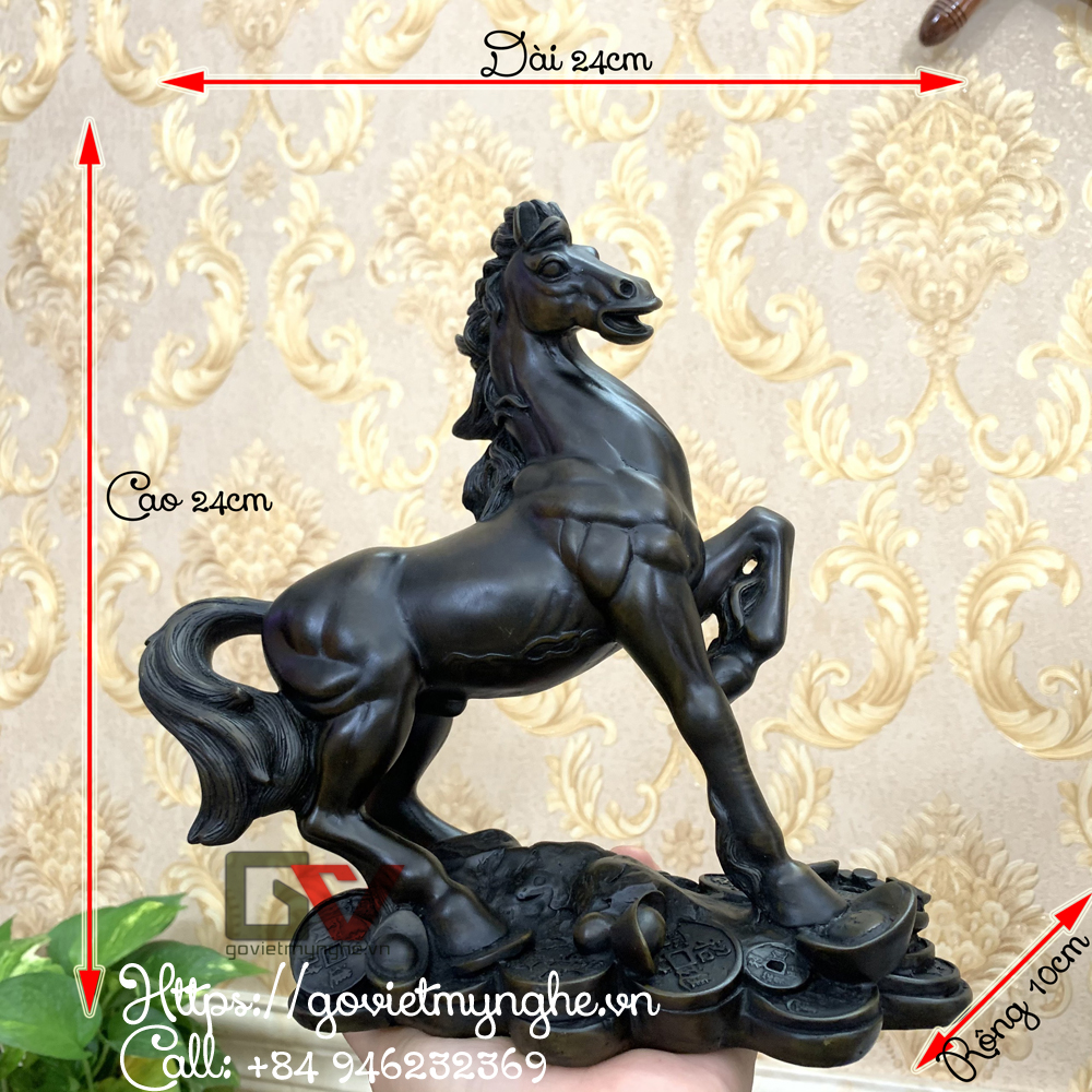 Tượng Đá Trang Trí Ngựa Phong Thủy - Tượng ngựa phong thủy để bàn làm việc - Màu nâu đen - Cao 24cm