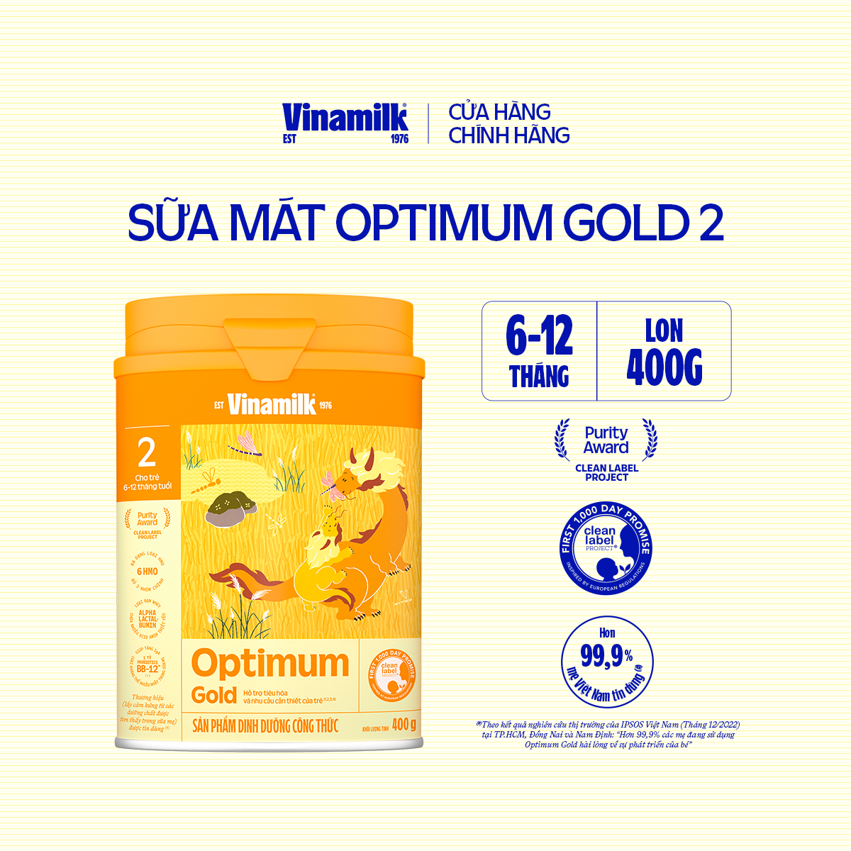 Hộp Sữa bột Vinamilk Optimum Gold 2 - Hộp thiếc 400g (cho bé từ 6 - 12 tháng tuổi) Sữa cho trẻ sơ si