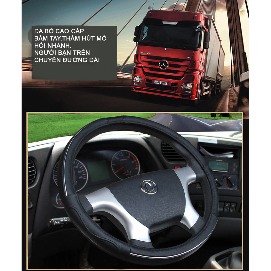 Bọc vô lăng da bò cho xe tải ,xe khách,xe ben cao cấp viền bạc kim loại-JP6