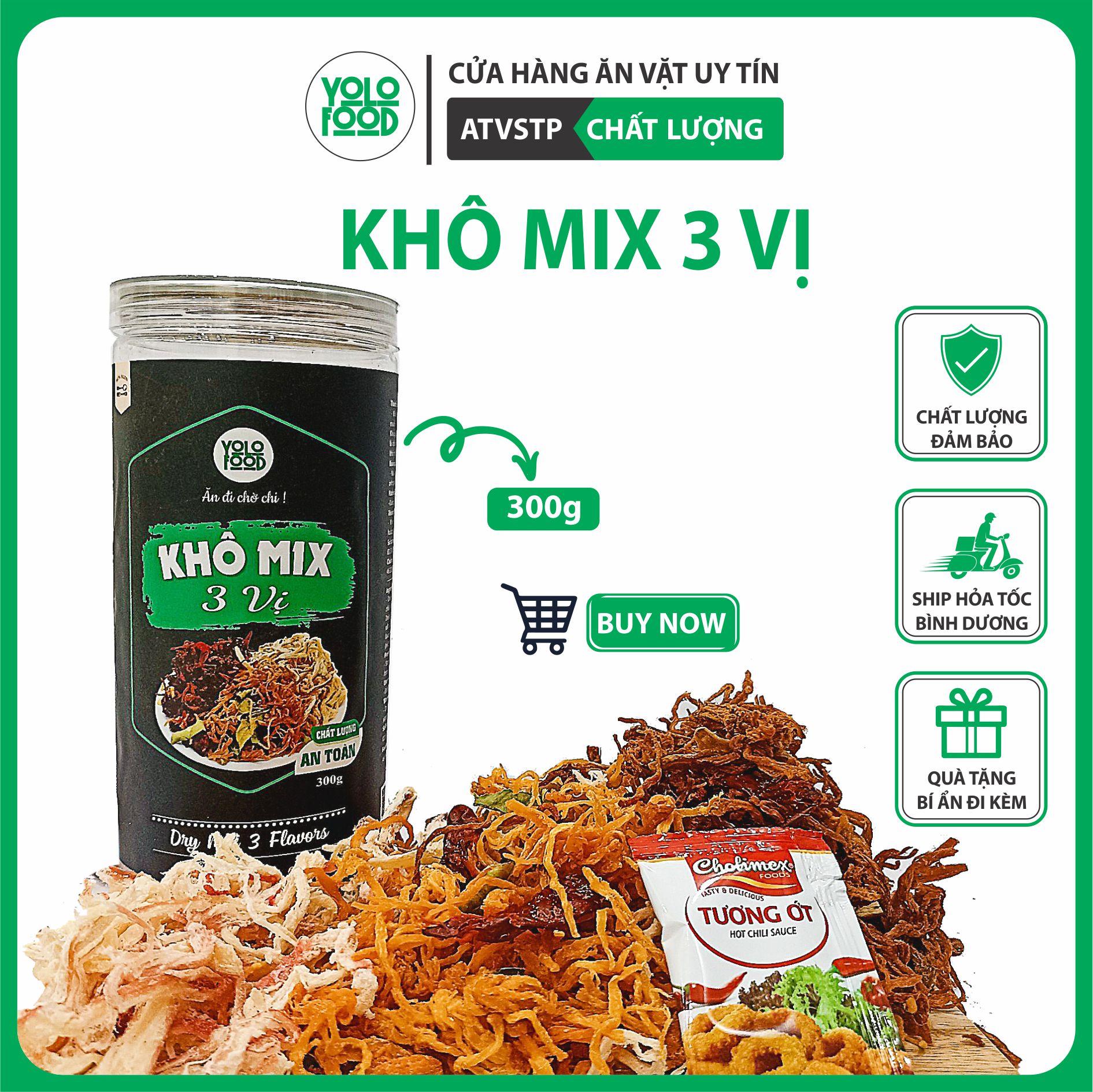 Khô mix 3 vị khô heo, khô gà, khô mực, 300g yolofood đồ ăn vặt, ngon, chất lượng, mix 3 vị trong 1 hũ ,khô loại1 atvstp