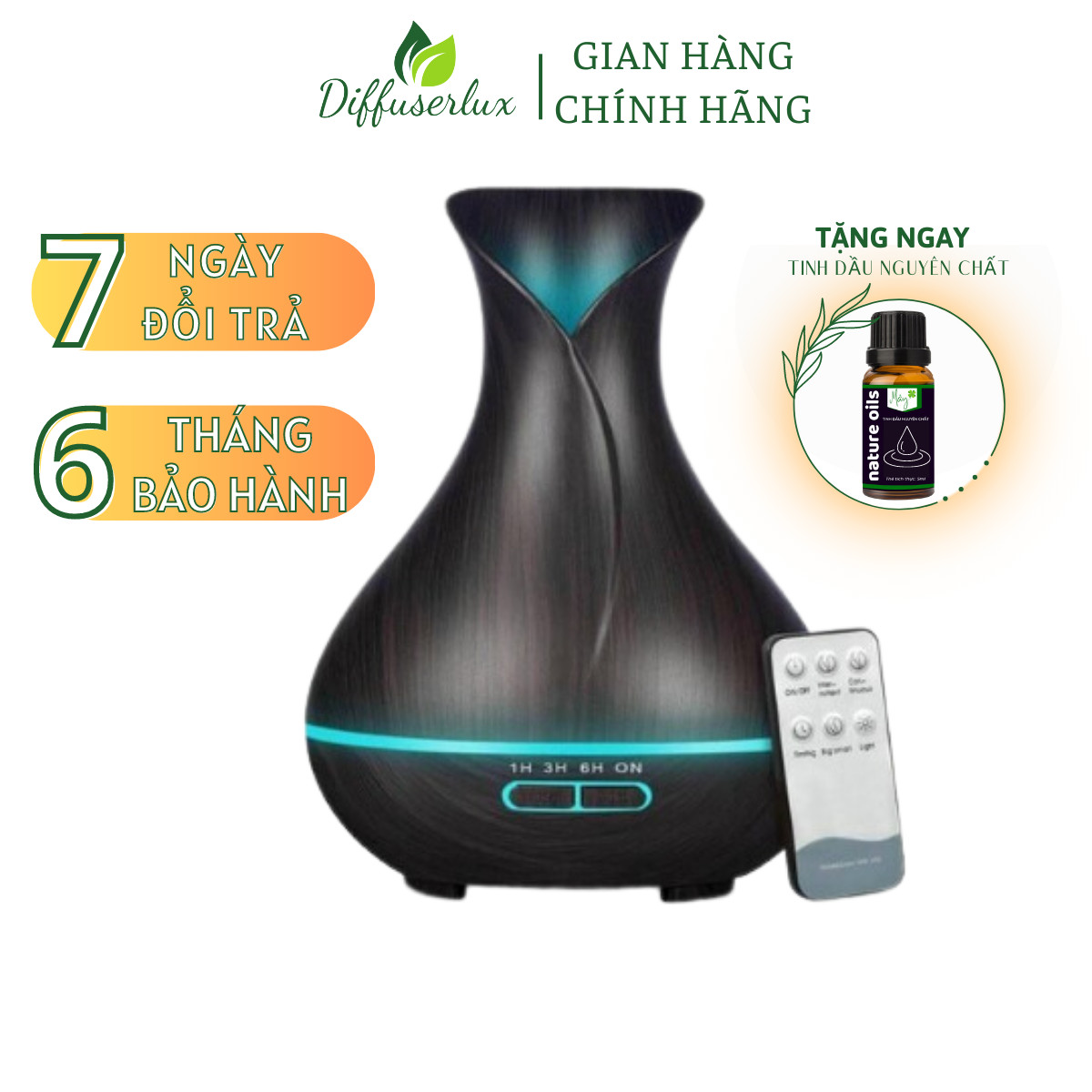 Máy xông tinh dầu phòng ngủ, máy tạo độ ẩm phòng điều hoà, máy khuếch tán tinh dầu Tuylip 550ml có đèn led 7 màu, tặng kèm điều khiển và tinh dầu - Diffuser Lux