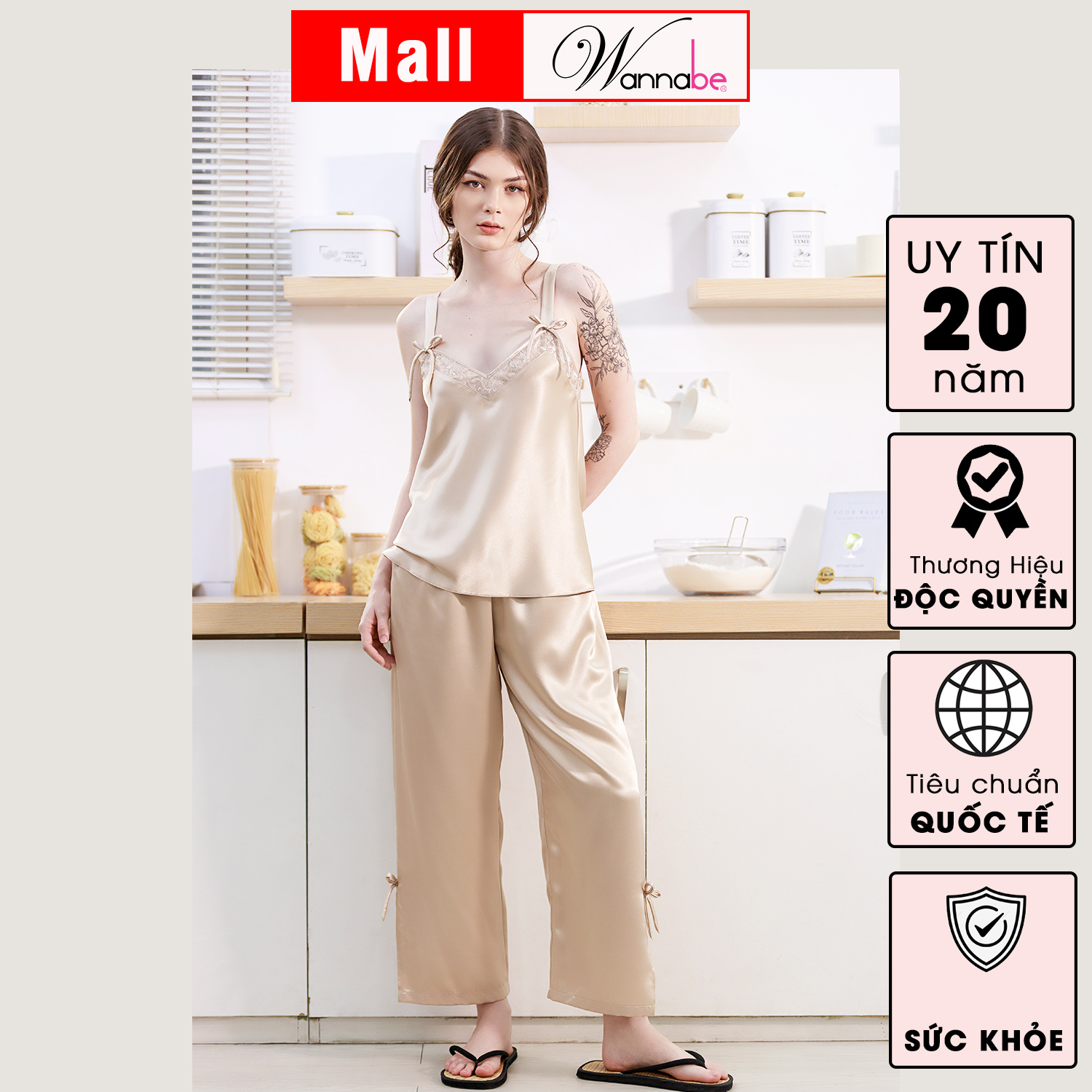 Đồ bộ mặc nhà phi lụa cao cấp Wannabe, bộ dài BDS54 xinh xắn nữ tính