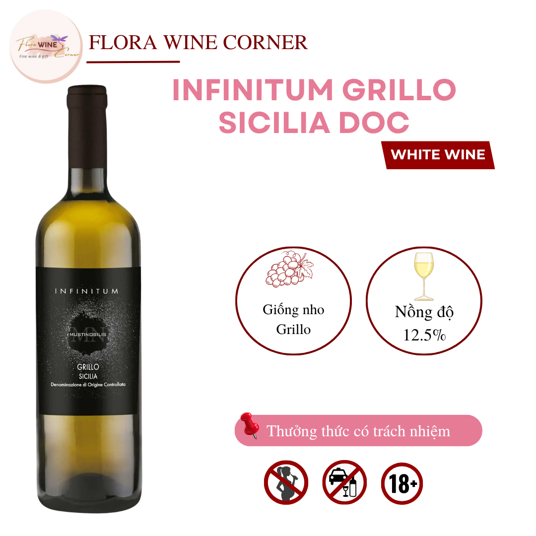 Rượu vang trắng Ý Infinitum Grillo Doc Sicilia – Nồng độ 12.5% Alc, 750ml - Nhập khẩu Chính Hãng