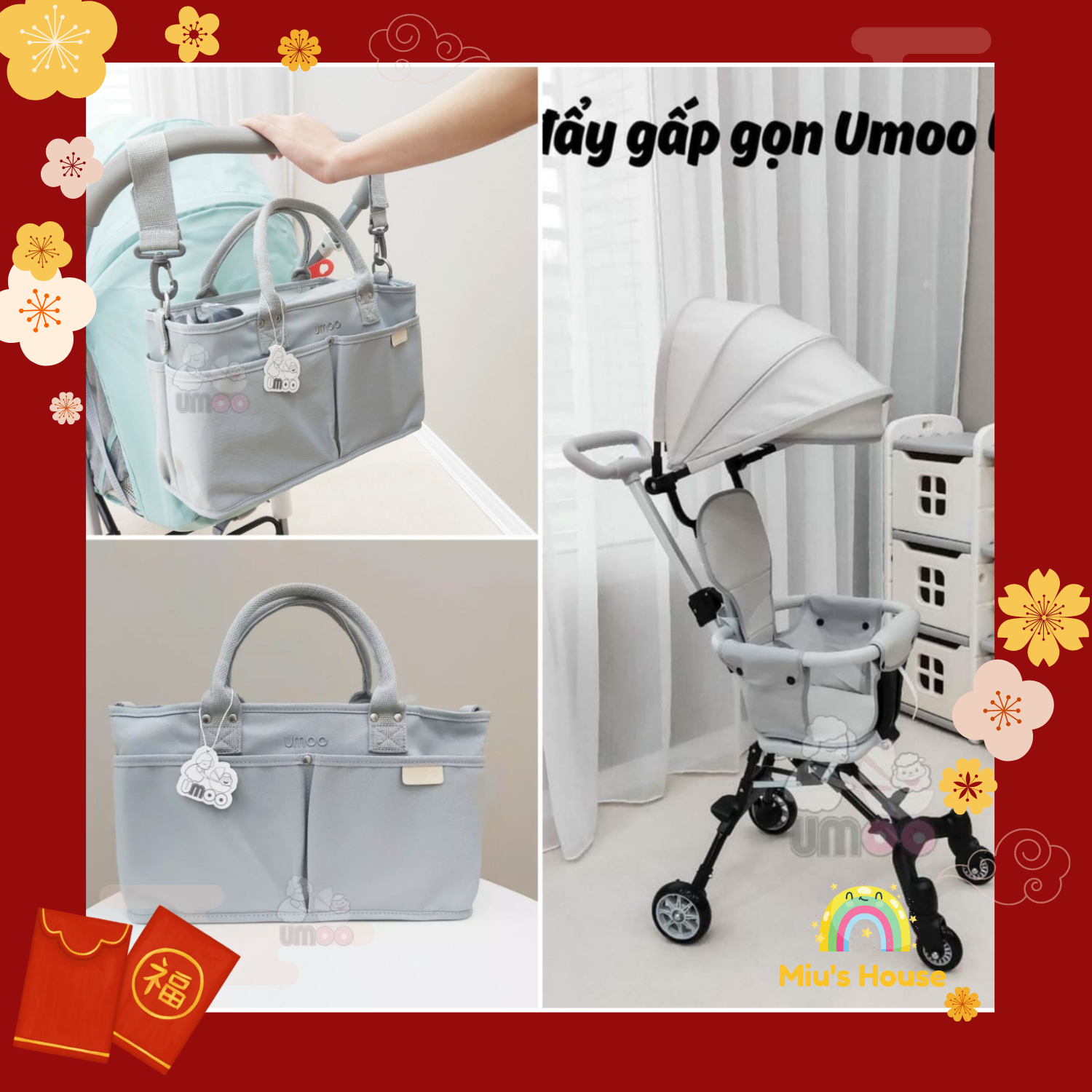 Set Xe Đẩy Đi Bộ Gấp Gọn & Túi Bỉm Sữa Umoo, Xe đẩy gấp gọn UM-02134 cho Bé Sơ Sinh, Giỏ Bỉm Sữa Umoo Cao Cấp
