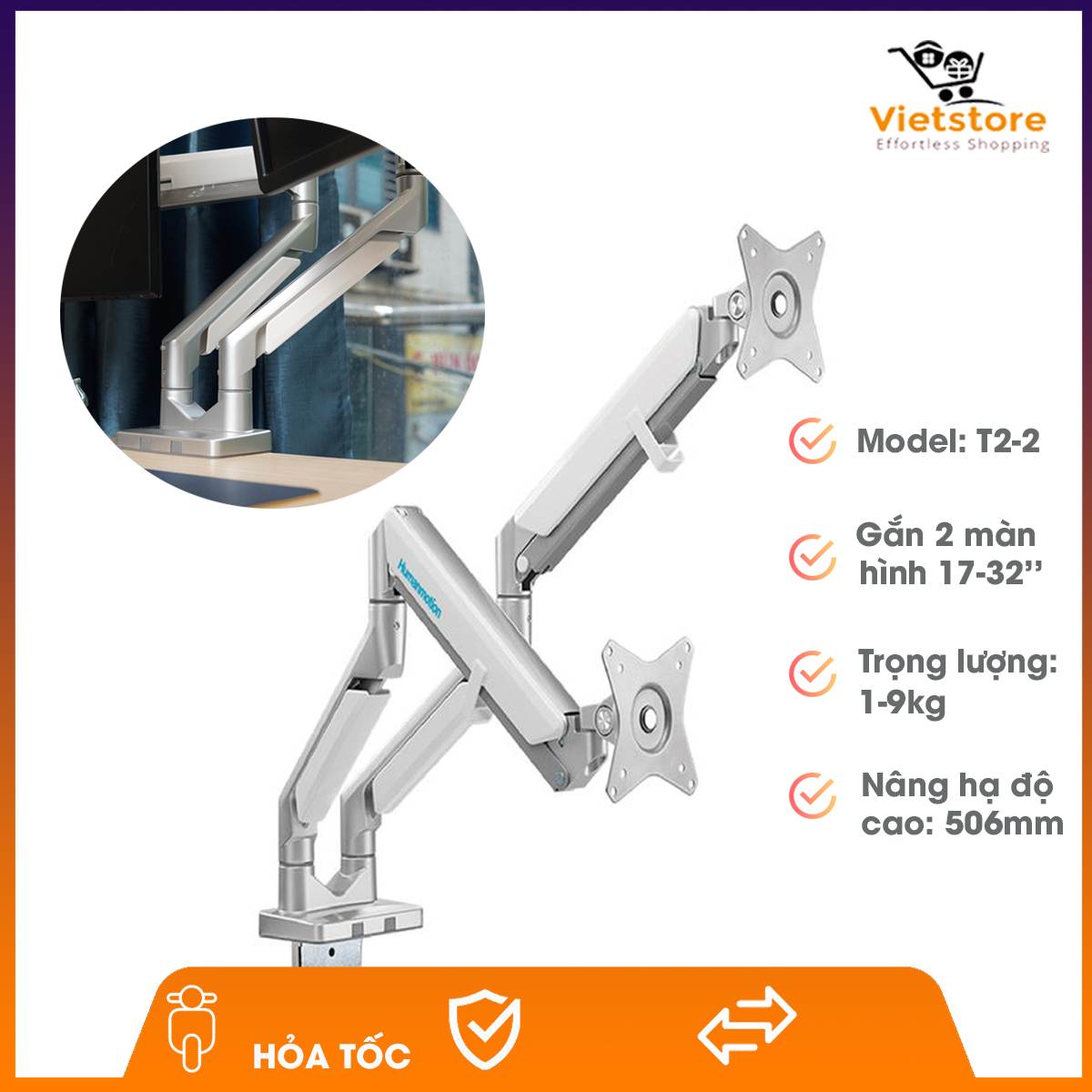Giá Đỡ Màn Hình Human Motion T2-2 (Đỡ 2 Màn Hình) - Phân phối chính hãng bởi Vietstore