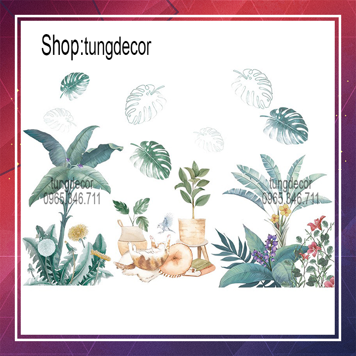 Decal dán tường trang trí phòng sẵn keo-CHẬU CÂY MÈO CON SK9389 .  Decal dán tường Hàn Quốc trang trí phòng ngủ