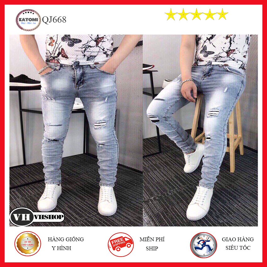 Quần jean nam cao cấp KATOMI-QJ668-màu xanh nhạt rách -chất bò dày dặn co giãn không ra màu phong cách Hàn Quốc