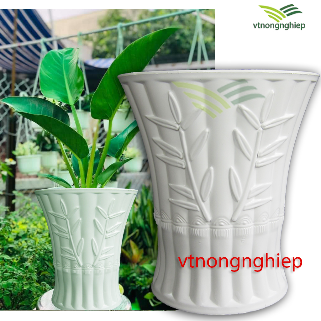 Chậu nhựa trồng cây Trúc giả sứ, hoa văn sọc giả thân trúc, màu trắng, phi 25cm, cao 28cm, trồng hoa hồng, hoa kiểng-vtnongnghiep