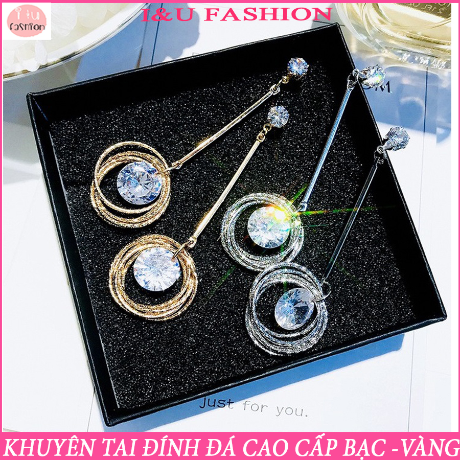 Khuyên tai Bông tai nữ dáng dài Hàn Quốc được thiết kế khoanh tròn và đính đá cao cấp sang chảnh 2 màu Bạc - Vàng KT-48