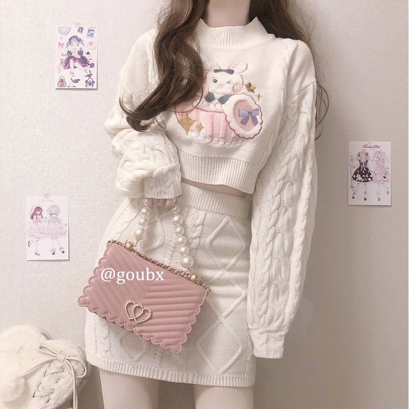 Set áo len tay dài và chân váy thời trang cho nữ