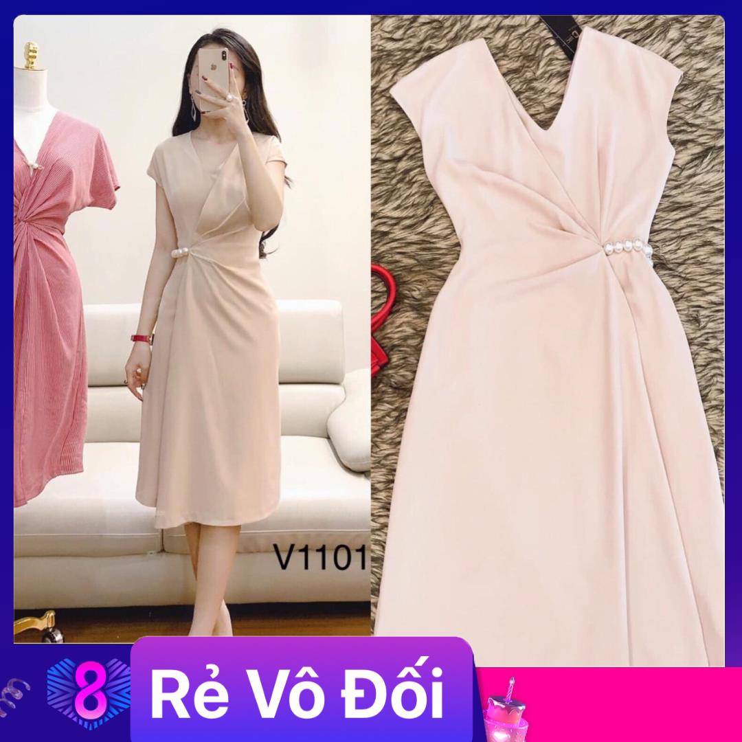 Đầm suông cộc tay đính cườm chất kate lụa màu nude