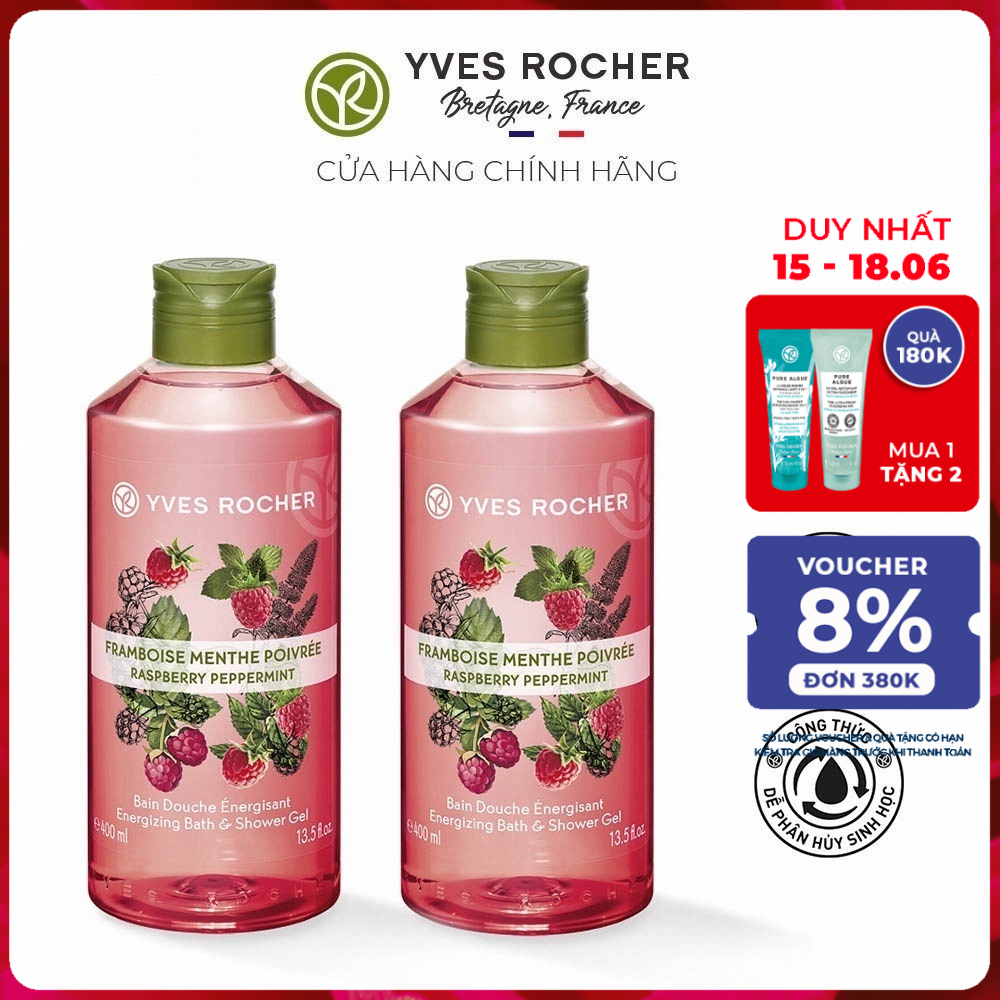 Combo 2 Sữa Tắm Yves Rocher Energizing Bath And Shower Gel Raspberry Peppermint 400ml