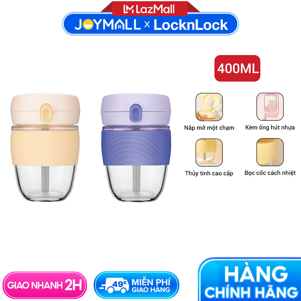 Bình nước thủy tinh bọc cách nhiệt 400ml LocknLock LLG968, Hàng chính hãng, có ống hút, mở 1 chạm - JoyMall