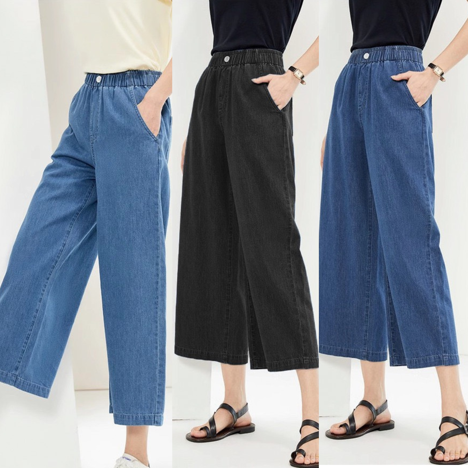 Quần lửng nữ ống rộng vải bò giấy lưng thun co giãn cao cấp thời trang - quần áo huyền anh