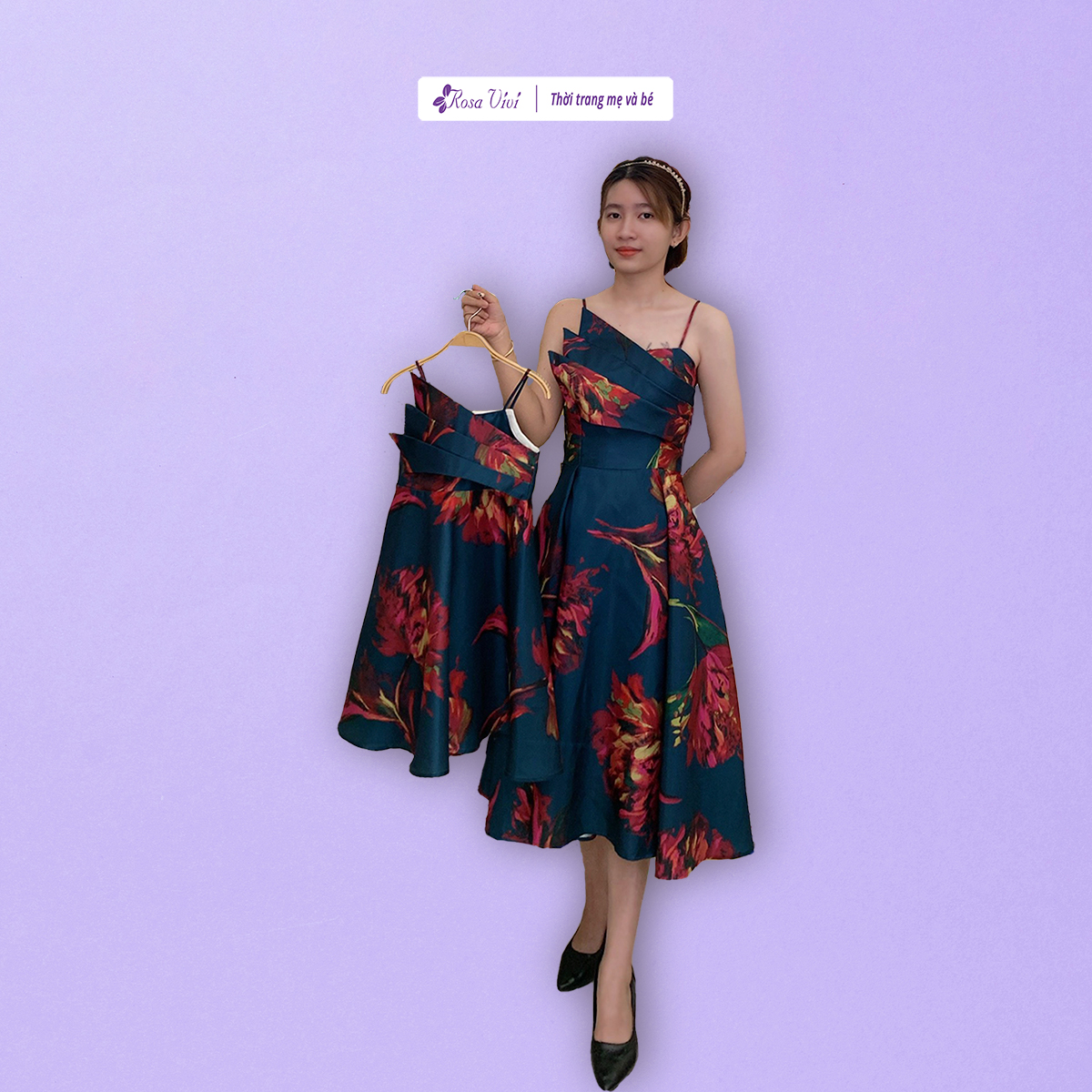 [HCM]Đầm tiệc thiết kế mẹ bé dáng xòe hai dây tafta rêu hoa