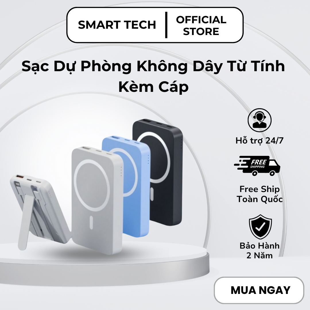 Sạc Dự Phòng Không Dây 10000mAh, Pin Dự Phòng Tích Hợp 2 Dây Sạc, Sạc Nhanh An Toàn Không Nóng Máy, Pin Lithium Dùng Cho IP Và Androi, Đèn LED Thông Báo Tình Trạng Pin, Màu Sắc Đa Dạng. Bảo Hành 12 Tháng, Lỗi Đổi Mới.