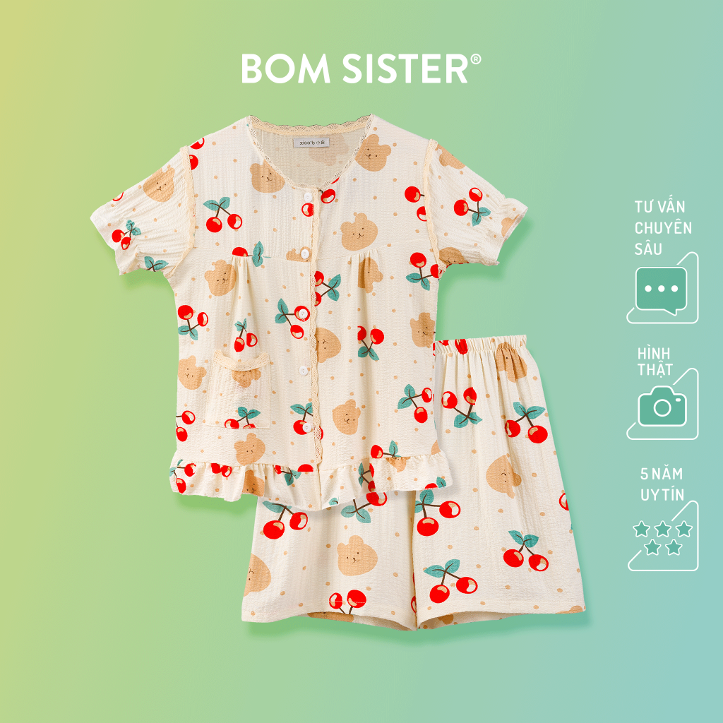 Set đồ ngủ pyjama áo ngắn tay quần đùi viển ren họa tiết dễ thương BOM SISTER DN7922