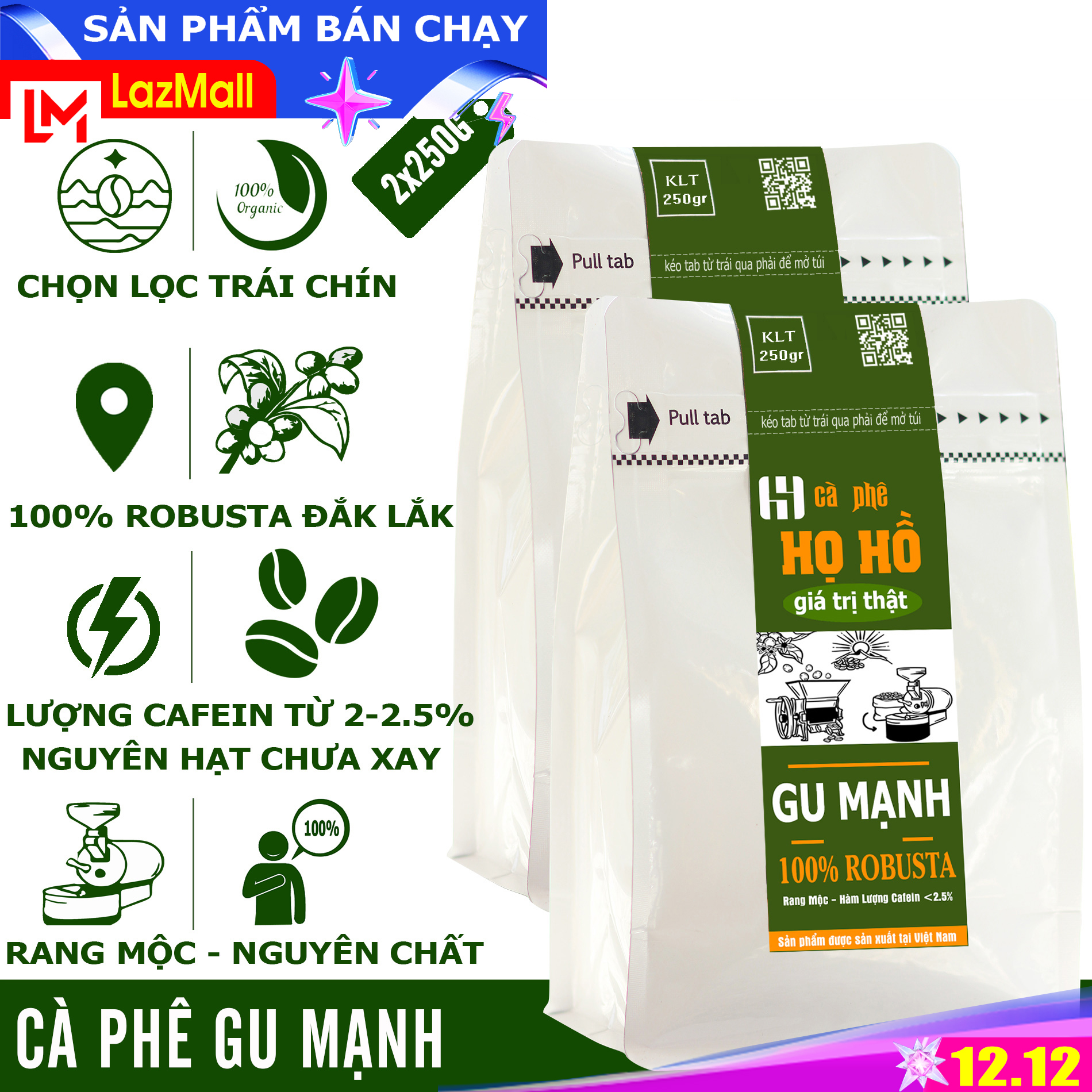 [Gu Mạnh] 500g Cà phê HẠT chưa xay - rang mộc nguyên chất - đậm đắng mạnh mẽ là dòng Robusta coffee -  (2 Gói 250g) - thương hiệu Họ Hồ - whole bean
