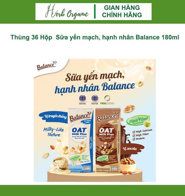 [HÀNG MỚI] Thùng 36 Hộp  Sữa yến mạch, hạnh nhân Balance 180ml (Vị Truyền Thống & Vị socola)