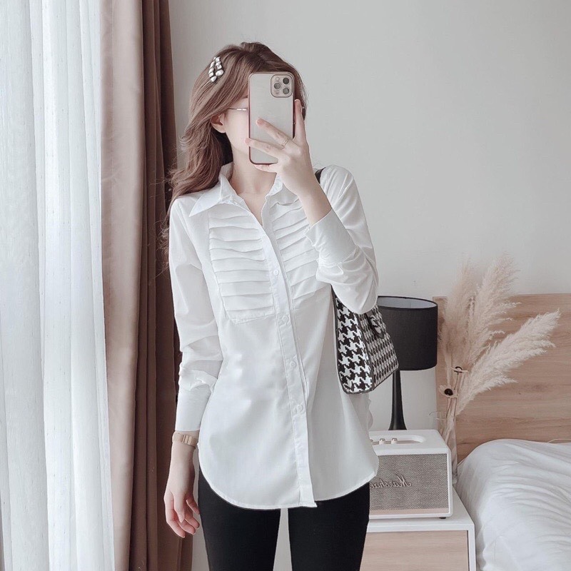Áo sơ mi nữ dài tay basic công sở xếp ly ngực cá tính _016