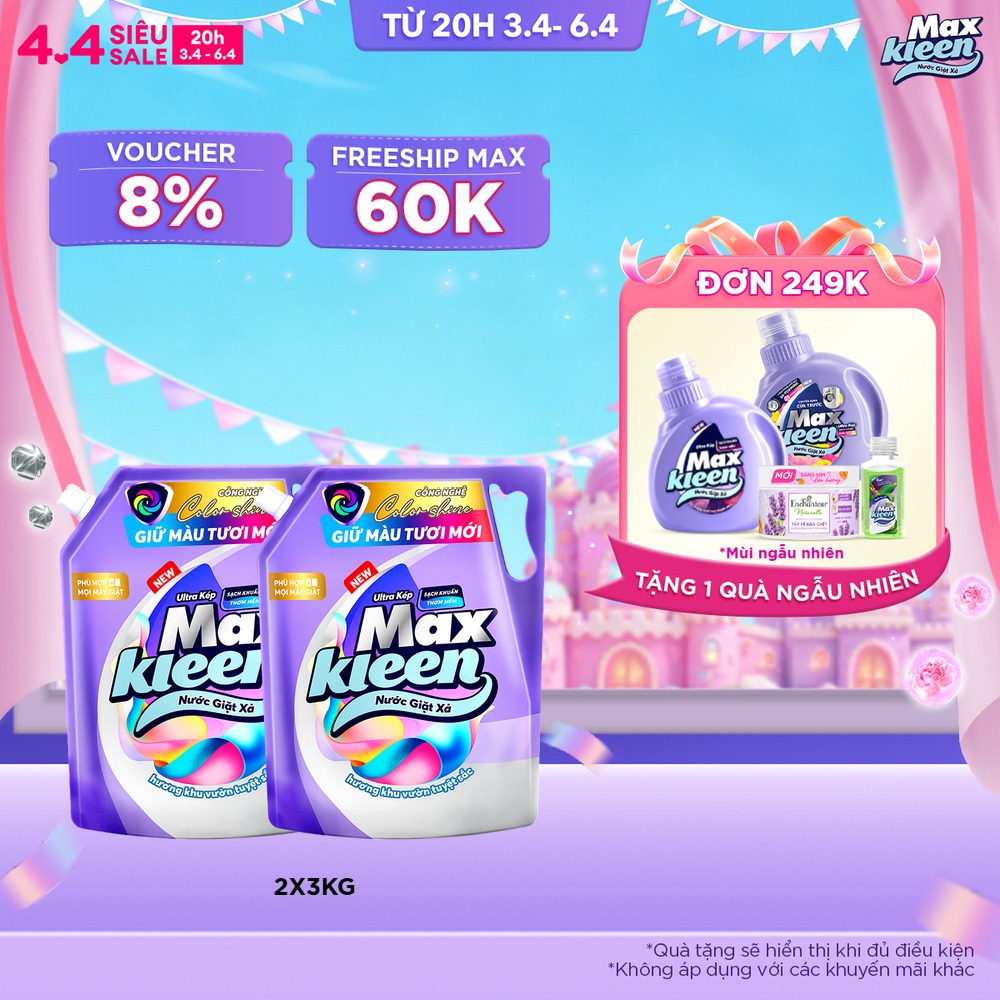 Combo 2 Túi Nước Giặt Xả MaxKleen Giữ Màu Tươi Mới Hương Khu Vườn Tuyệt Sắc 3kg/Túi