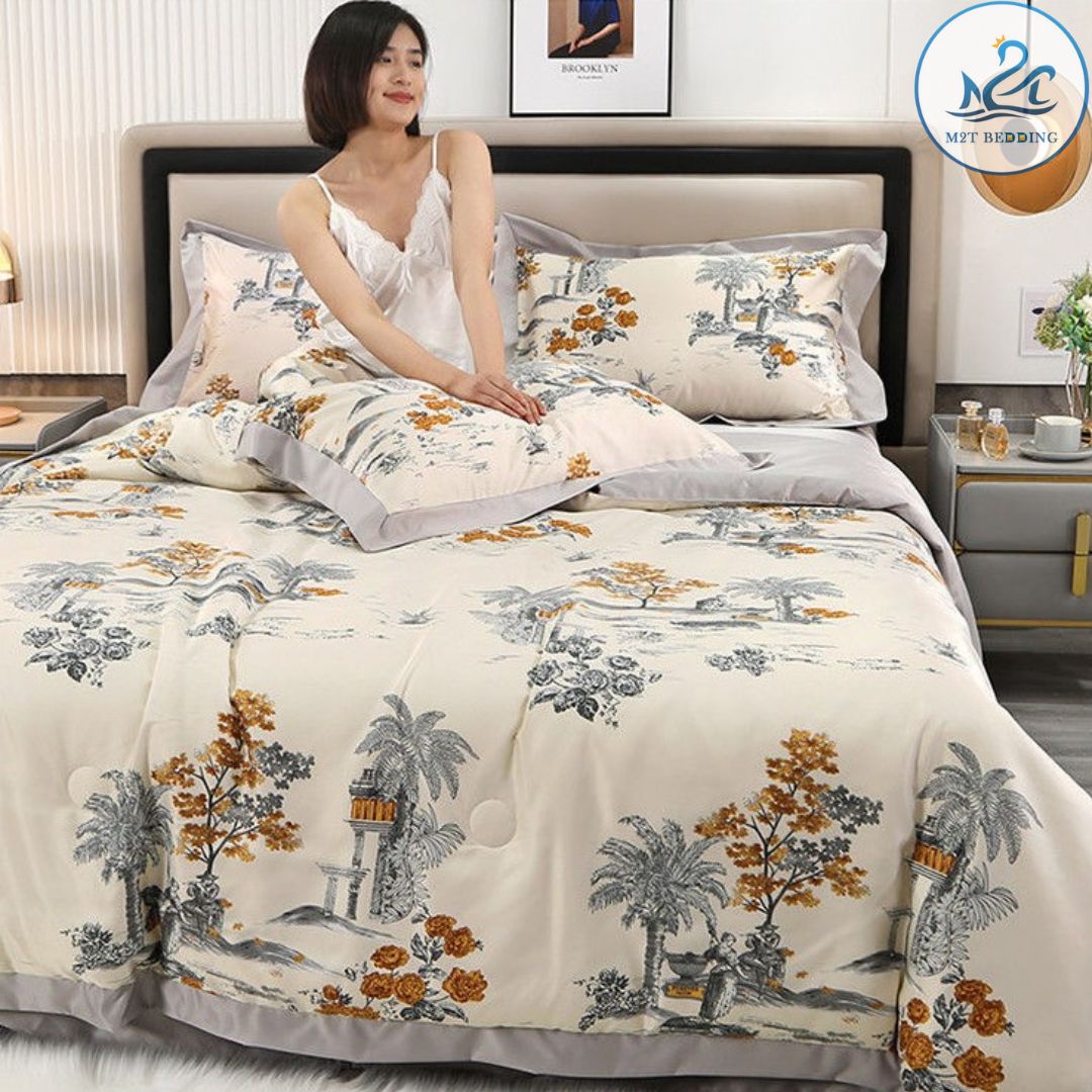 Bộ chăn ga gối lụa thái M2T Bedding chăn hè chần bông ga giường và 2 vỏ gối nằm Ga giường bo chun miễn phí đủ kích thước 1m2 1m4 1m5 1m6 1m8 2m2