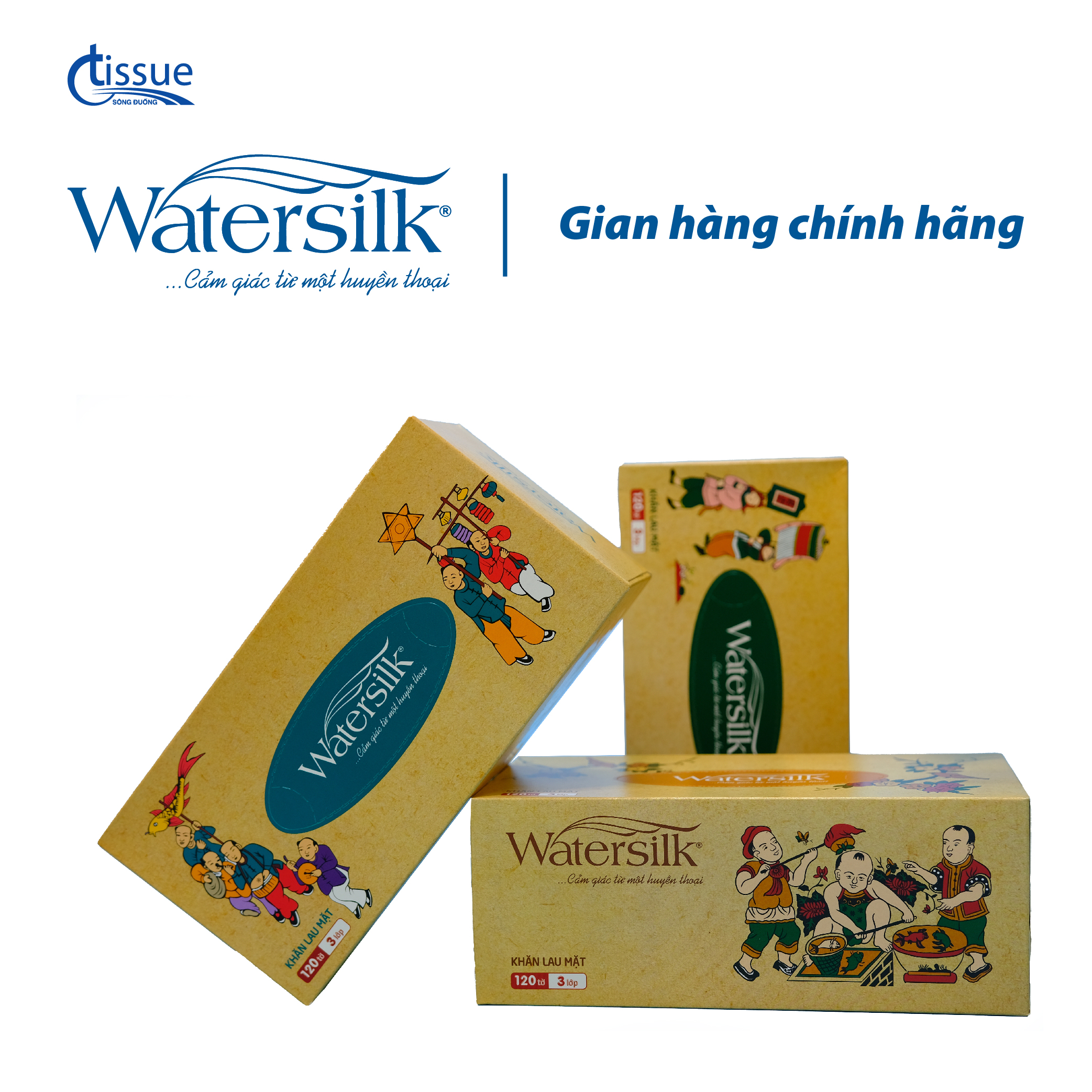 Combo 3 hộp giấy ăn, giấy rút lụa watersilk tranh dân gian hộp 120 tờ giấy 3 lớp mềm mịn