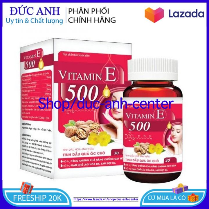 VITAMIN E Đỏ 500 - Chống Oxy Hóa - Hạn Chế Lão Hóa. Làm Đẹp Da Với Tinh Chất Hoa Anh Thảo, Tinh Dầu Óc Chó- ĐỨC ANH