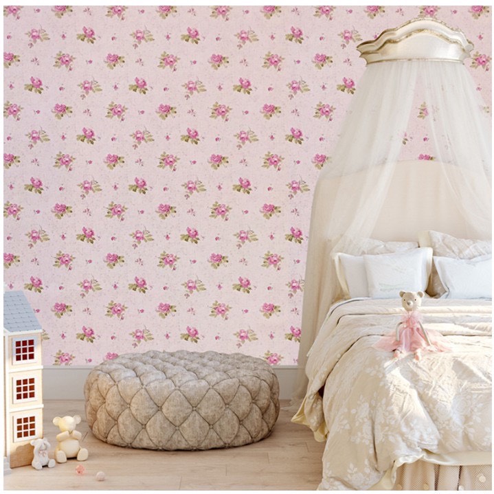 5 Mét Giấy Dán Tường, Khổ 45CM Rộng Decal PVC Trang Trí ( có keo ) - hoa hồng nhí nền hồng