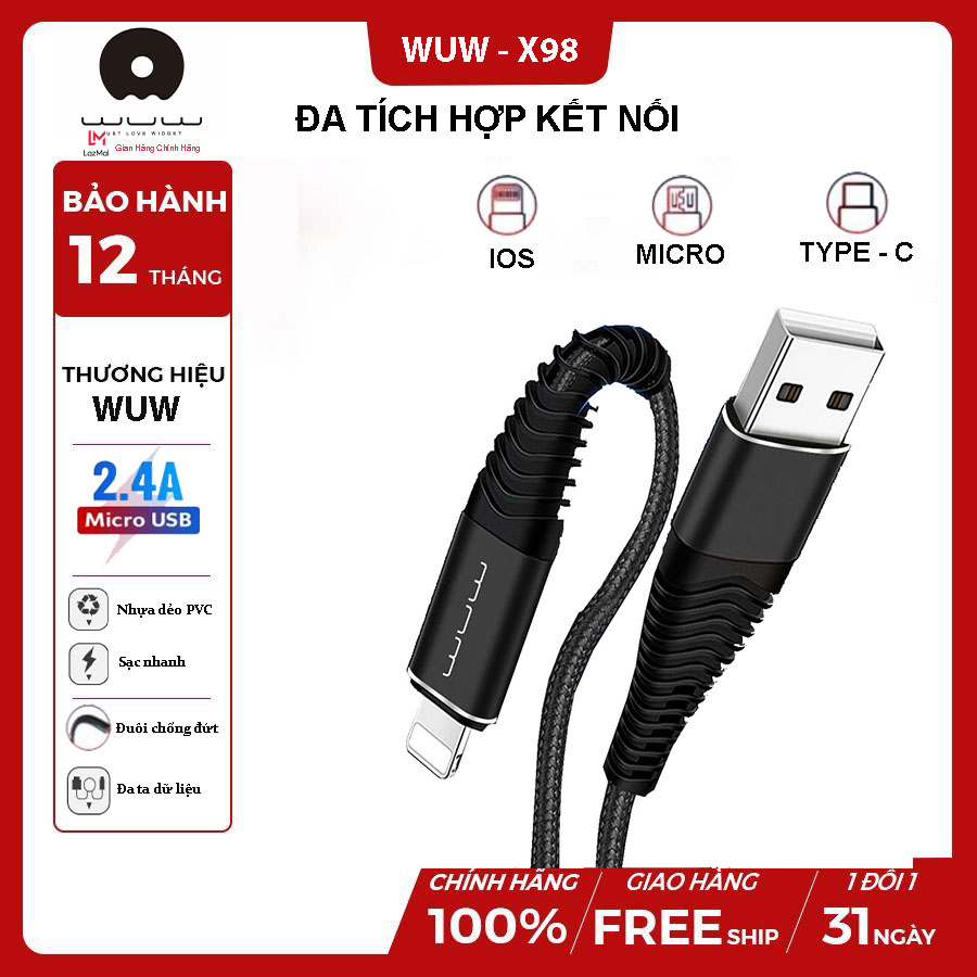 Dây sạc điện thoại, dây sạc nhanh, dây cáp sạc nhanh dòng điện 2A, dài 1mét thiết đuôi, dây dù chống đứt phù hợp cho các dòng điện thoại Iphone và Android,Type-C HÀNG CHÍNH HÃNG BẢO HÀNH 12 THÁNG WUW - X98