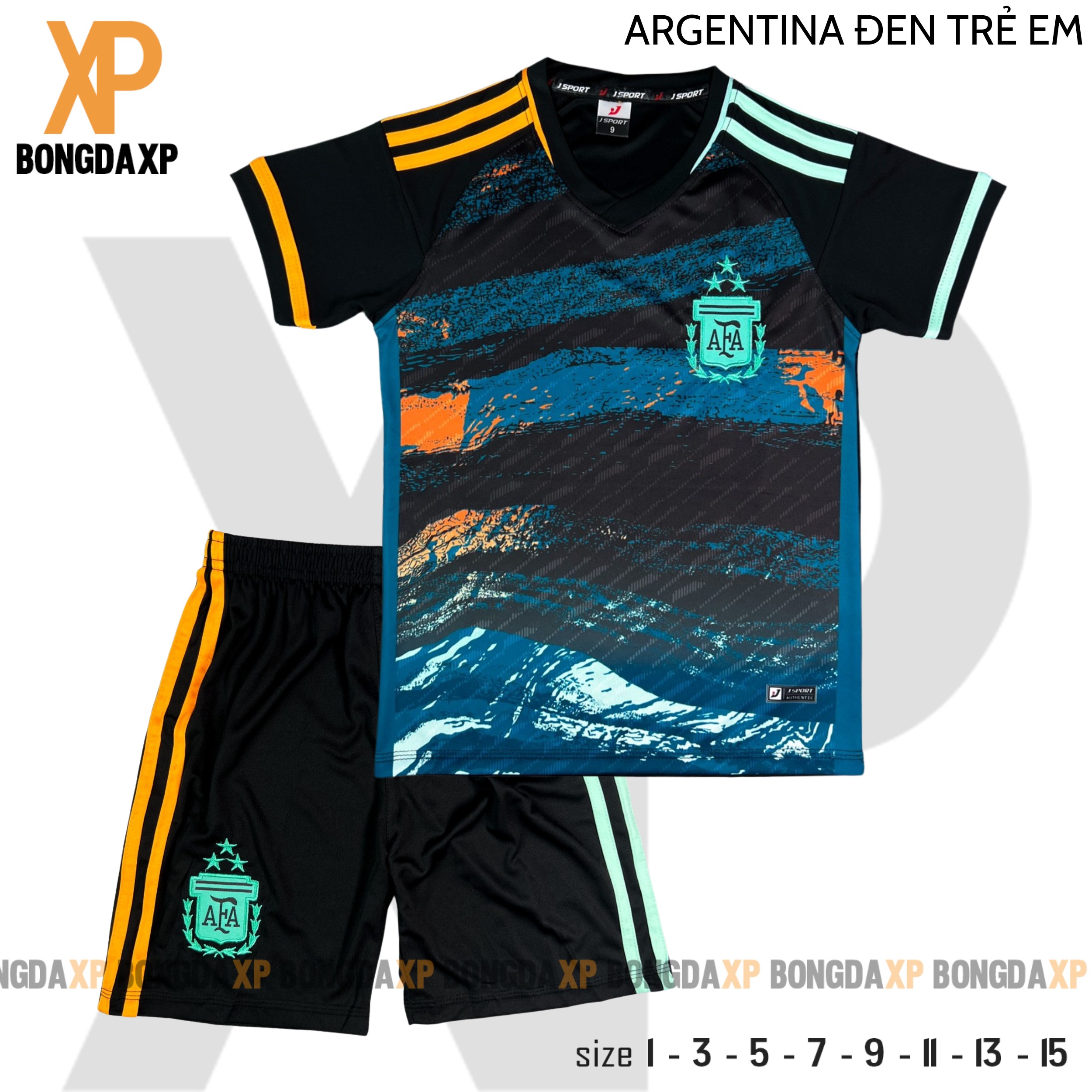 Quần áo bóng đá trẻ em đồ đá banh trẻ em Đội Tuyển Argentina 2023 Đen Cam Vải thun lạnh cao cấp