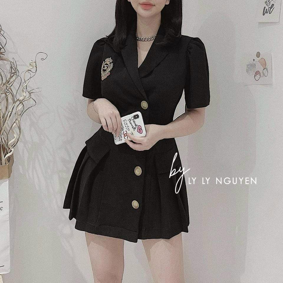 Đầm cổ vest xếp ly,đầm nữ,ly store