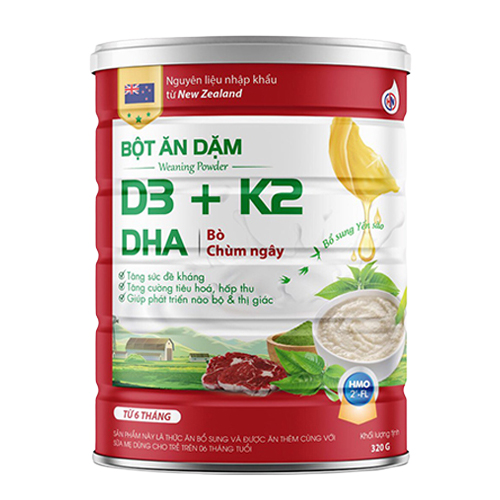 Bột Ăn Dặm Bò Chùm Ngây, Bột Ăn Dặm D3+K2 Dành Cho Trẻ Từ 6 Tháng Tuổi, Lon 320g