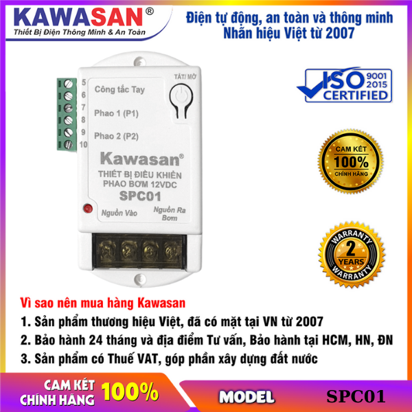 Thiết bị điều khiển phao bơm nước an toàn dùng cho bơm 220V tiếp điểm ra phao 12V Kawasan SPC01