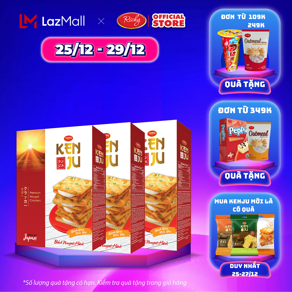[SALE CUỐI NĂM 25-29/12] Combo 3 hộp bánh Kenju nougat 279g kem dẻo Richy