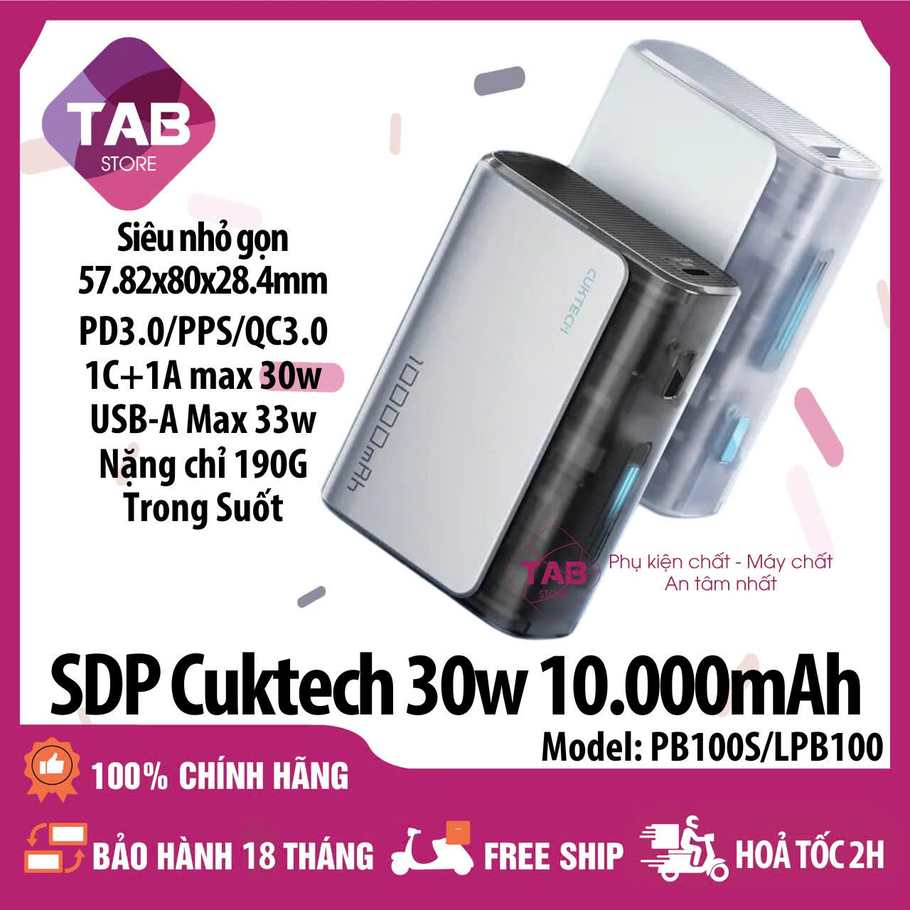 Sạc Dự Phòng Cuktech 10000mAh 1C1A 30w PD3.0/PPS/QC3.0 QC PB100 PB100S  - Bảo Hành 18 Tháng