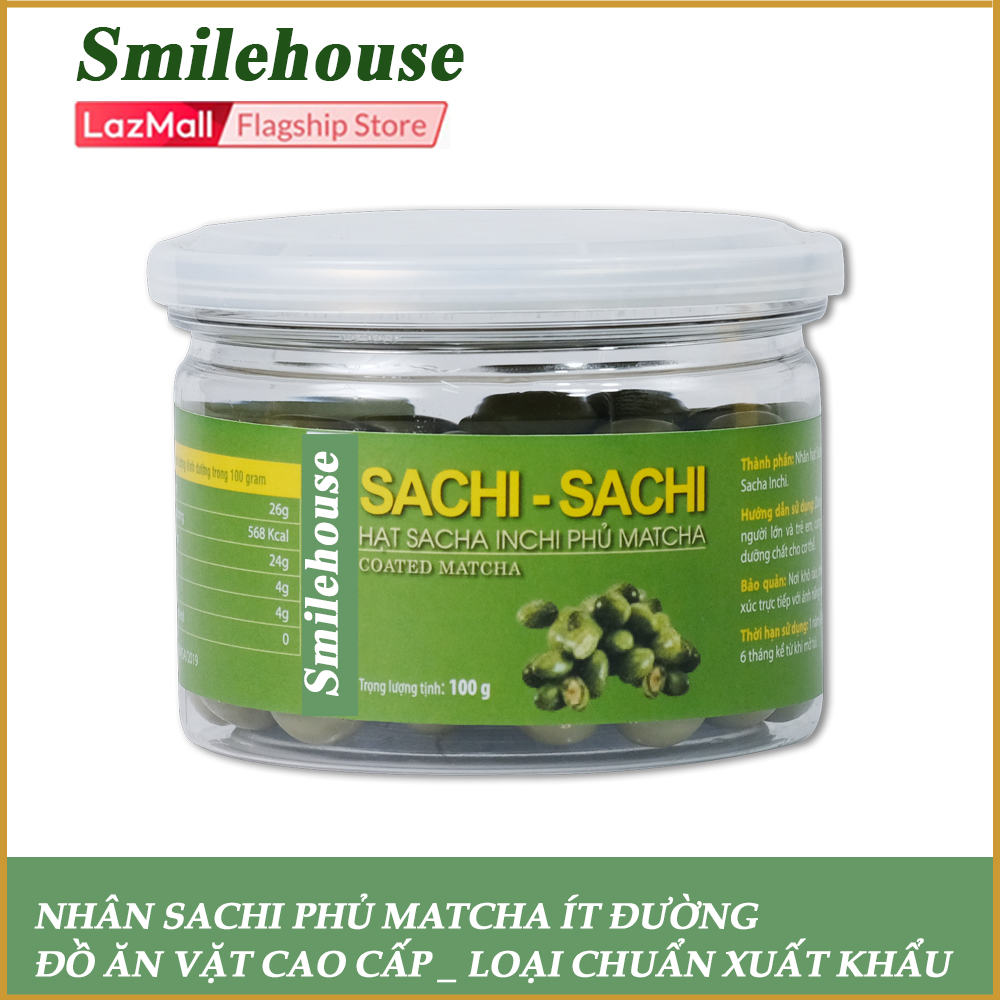 Đồ ăn vặt nhân sachi phủ matcha ít đường thương hiệu Smilehouse100GR, chuẩn xuất khẩu USA, vua các loại hạt, dinh dưỡng gấp 3 lần hạt óc chó gấp 5 lần hạt macca, đồ ăn vặt hiện đại