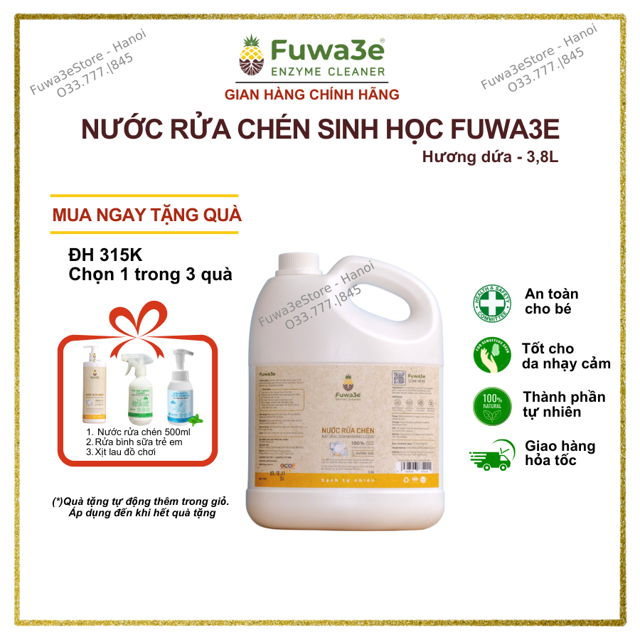 Nước rửa chén sinh học Fuwa3E can 3.8L, nước rửa chén hữu cơ an toàn cho da nhạy cảm, nước rửa chén bình ti cho em bé - Fuwa3E Store HaNoi