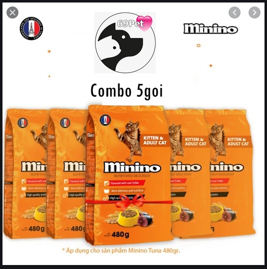 Combo 5 gói thức ăn hạt cho mèo mọi lứa tuổi minino. vị cá ngừ. 480g/ túi. tc : 2kg4.