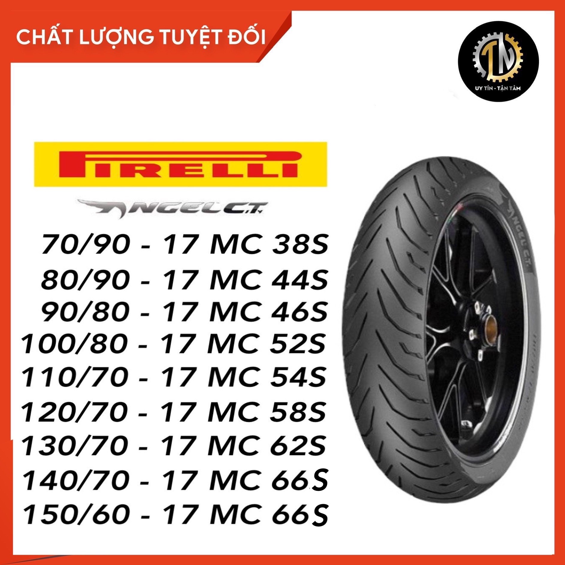 Vỏ Pirelli Angel City size 17 chính hãng đủ size TẶNG áo thun