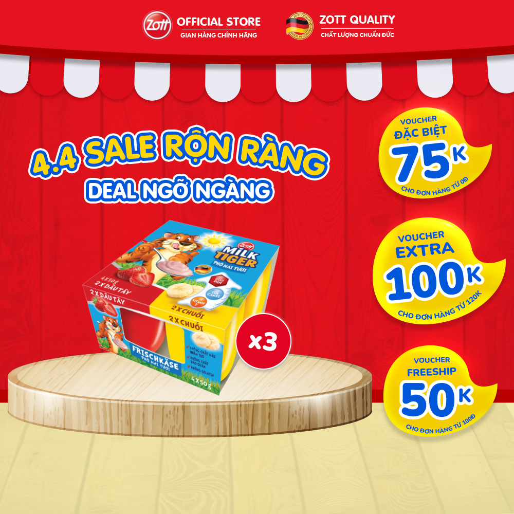 Giao Hoả tốc - COMBO 3 vỉ Phô mai tươi Zott Milk Tiger vị Dâu - Chuối nhập khẩu từ Đức (vỉ – 50g x 4 hũ), có bộ đôi Canxi - Vitamin D